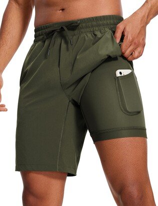 CRZ YOGA Men's 2 in 1 Running Shorts with Liner - 9'' Quick Dry Workout Sports Athletic Shorts with Pockets Dark Olive Large