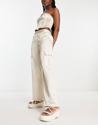 straight leg satin cargo pants in cream