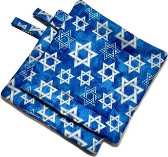 Quilted Pot Holders, Star Of David, Hanukkah, Set 2, Blue