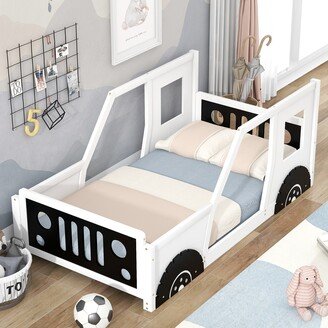EDWINRAY Twin Size Car Platform Bed with Wheels for Kids, White