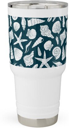 Travel Mugs: Textured Ocean Seashells - Dark Blue And Cream Travel Tumbler, 30Oz, Blue