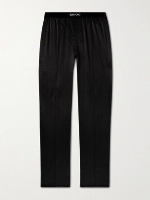 Velvet-Trimmed Stretch-Silk Satin Pyjama Trousers-AF