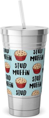 Travel Mugs: Stud Muffin - Muffins - Blue Stainless Tumbler With Straw, 18Oz, Blue