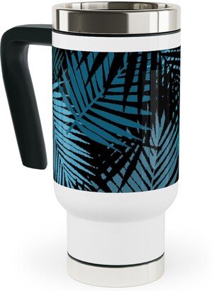 Travel Mugs: Tropical Leaves - Blue And Green Travel Mug With Handle, 17Oz, Blue