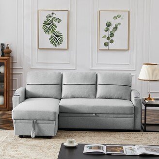 GEROJO L-shape Sectional Sofa Linen Pull-out Corner Broaching Bed with Chaise Longue Storage