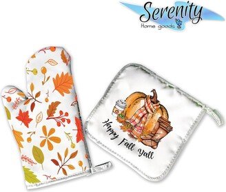 Decorative Kitchen Hot Plate Pot Holder Oven Mitt Set | Happy Fall Yall Pumpkin Boots Leaves