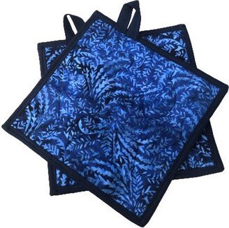 Quilted Batik Fabric Pot Holders With Blue Leaves, Hanging Tab Option