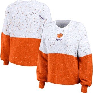 Women's Wear by Erin Andrews White, Orange Clemson Tigers Colorblock Script Pullover Sweater - White, Orange