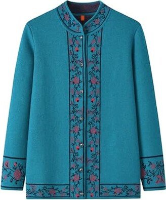 HangErFeng Women Wool Sweater Jacquard Thicken Knitted Cardigan Top 1722 Blue XXXXXL