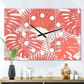 Designart 'Tropical Retro Foliage Coral I' Oversized Mid-Century wall clock - 3 Panels - 36 in. wide x 28 in. high - 3 Panels