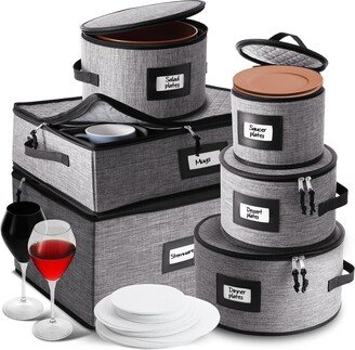 Storagebud 6 Piece Hard Shell Fine China Plates, Mugs and Wine Glass Storage Set - Holds a 12 Serving Set - Grey black