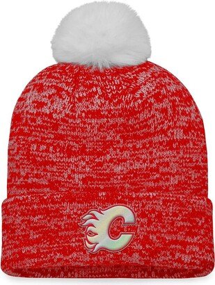 Women's Branded Red Calgary Flames Glimmer Cuffed Knit Hat with Pom