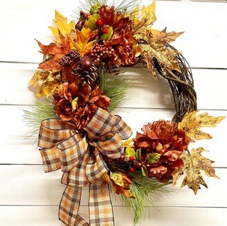 Hydrangea Wreath, Fall Wreath For Front Door, Thanksgiving/Autumn With Plaid Bow