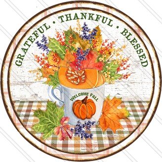 Grateful Thankful Blessed Sign - Fall Wreath Pumpkin Floral Autumn Metal