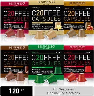 Bestpresso Coffee Variety Pack for Nespresso OriginalLine Machines - 120 Pods of Certified Genuine Espresso, a Mix of Flavored and Dark Roast