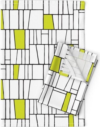 Chartreuse Blocks Tea Towels | Set Of 2 - Tile Tilt By Gertiep Stripe Black & White Lime Green Linen Cotton Spoonflower