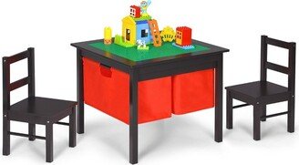 2-in-1 Kids Activity Table & 2 Chairs Set w/Storage Building Block Table Espresso