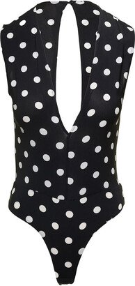 Black and White Bodysuit sith Cut-Out and All-Over Polka Dots Motif in Stretch Viscose Woman