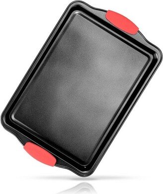 Small Cookie Sheet - Deluxe Nonstick Gray Coating Inside & Outside With Red Silicone Handles