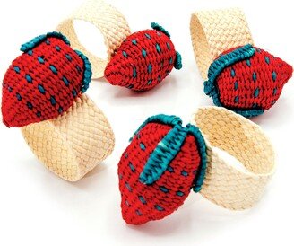 Washein Set X 4 Woven Natural Iraca Straw Red Strawberry Fruit Napkin Rings