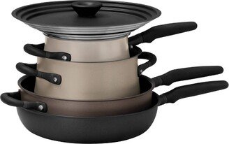 Accent Series 6pc Aluminum Nonstick and Stainless Steel Induction Cookware Essentials Set Cinder and Smoke