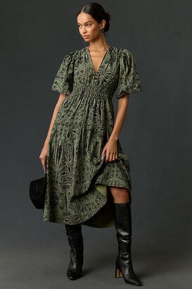 Corduroy Ruched Printed Midi Dress