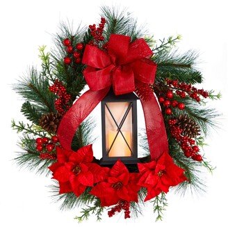 Poinsettia and Berry Holiday Lantern Christmas Wreath with Led Candle, 28