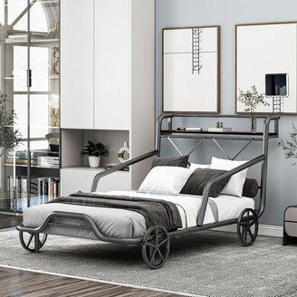 Tiramisubest Twin Size Metal Car-Shaped Platform Bed with Wheels,Guardrails,Shelf