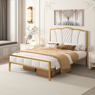 Modern Upholstered Bed Frame with Tufted Headboard, Golden Metal Platform Bed Frame with Wood Slat Support