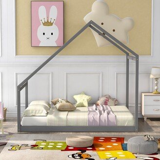 Gerojo Full Size Wooden Floor House Bed for Kids, Grey