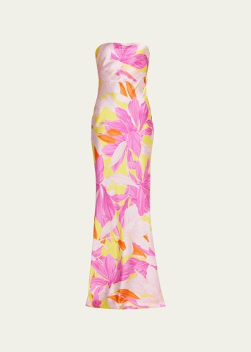  Keaton Strapless Floral Cowl-Back Silk Dress