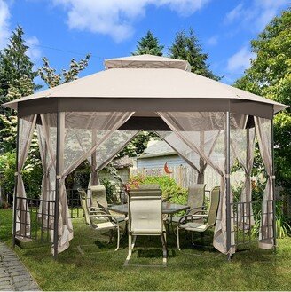 10'x12' Patio Gazebo Canopy Shelter Double Top Netting Sidewalls Beige