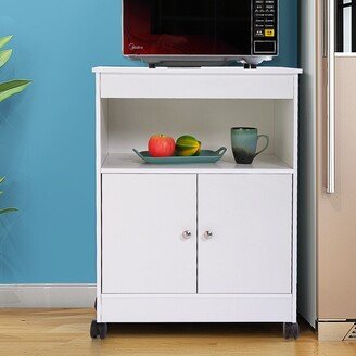 EDWINRAY Wood Kitchen Microwave Cabinet Cart with An Open Cupboard & A Storage Compartment with Two Doors, White