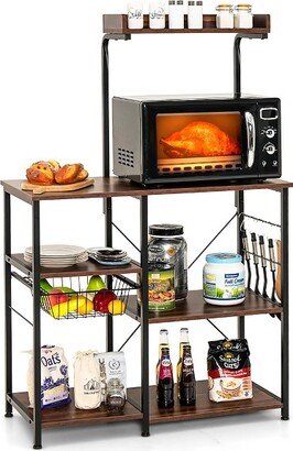 4-Tier Kitchen Baker's Rack Microwave Stand w/Basket & 5 Hooks Dark Brown