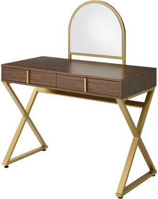 ACME Coleen Vanity Desk with Jewelry Tray in Walnut & Gold Finish