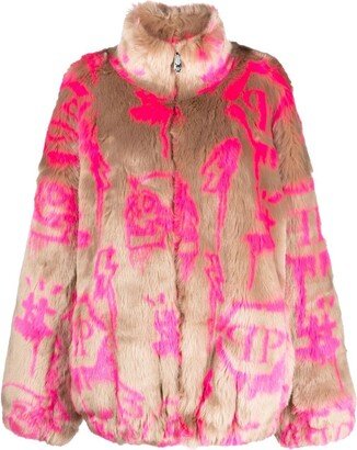 Monogram-Print Faux Fur Coat-AB