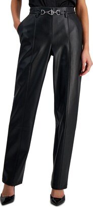 Women's High-Rise Belted Faux-Leather Pants, Created for Macy's