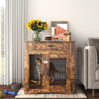 Zeus & Ruta Furniture Style Brown Pet Kennels End Table with Drawer for Indoor Use