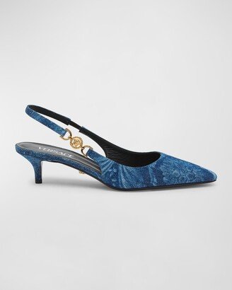 Medusa Denim Kitten Slingback Pumps