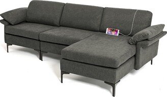 L-shaped Modern Modular Sectional Sofa w/ Reversible Chaise & 2 USB Ports Grey