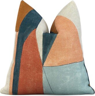 Teal, Apricot, Burnt Orange, Tan Color Block Decorative Designer Pillow Cover With Zipper, Linen Cushion, Kelly Wearstler District Apricot