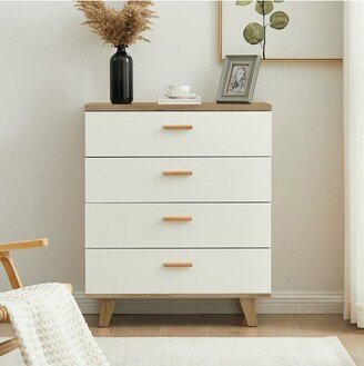 Modern 4 Drawer Dresser with Solid Wood Legs and Handles, White + Oak