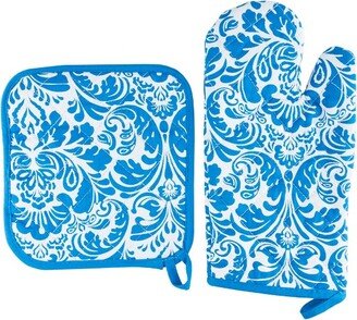 Oven Mitt And Pot Holder Set, Quilted And Flame And Heat Resistant By Hastings Home (Blue)