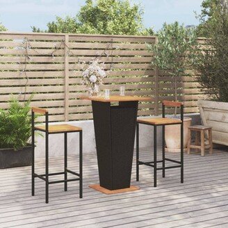 3 Piece Patio Bar Set Black Poly Rattan&Solid Wood Acacia - 15.7