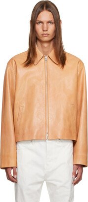 Beige Spread Collar Leather Jacket