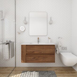 Jims Maison 36 Inch Plywood Wall Mounting Bathroom Vanity Set in Brown Oak with Integrated Gel Sink