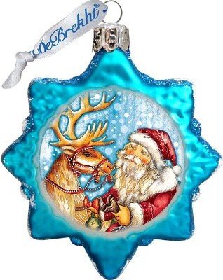 Reindeer Santa Glass Ornament