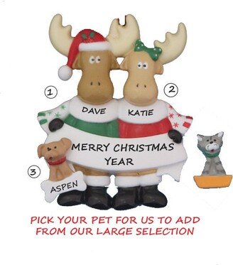 Personalized Moose Couple Ornament With Custom Dog Or Cat Added - 2 Christmas
