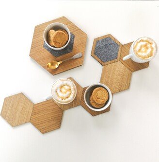 Honeycomb Shape Coasters With Magnets Set Of 7, Geometric Hexagon Oak Wood & Felt For Cups, Valentine's Day Gift Couples