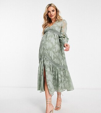 ASOS DESIGN Maternity button through midi shirt dress with lace inserts in burnout in khaki